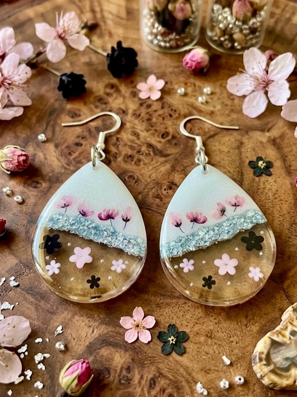 Pink Floral Teardrop Dangle Earrings with Glitter Accent